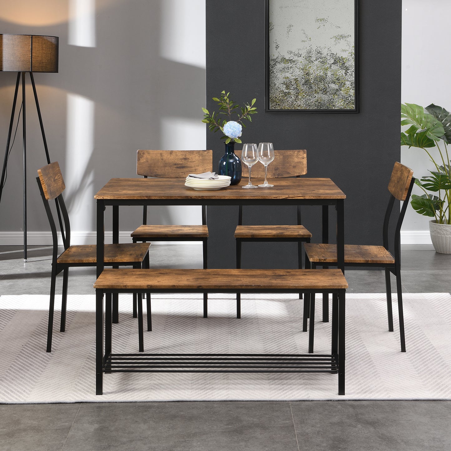 Dining Table Chair And Bench Set 6 Wood Steel Frame Industrial Style Kitchen Dining Table Set