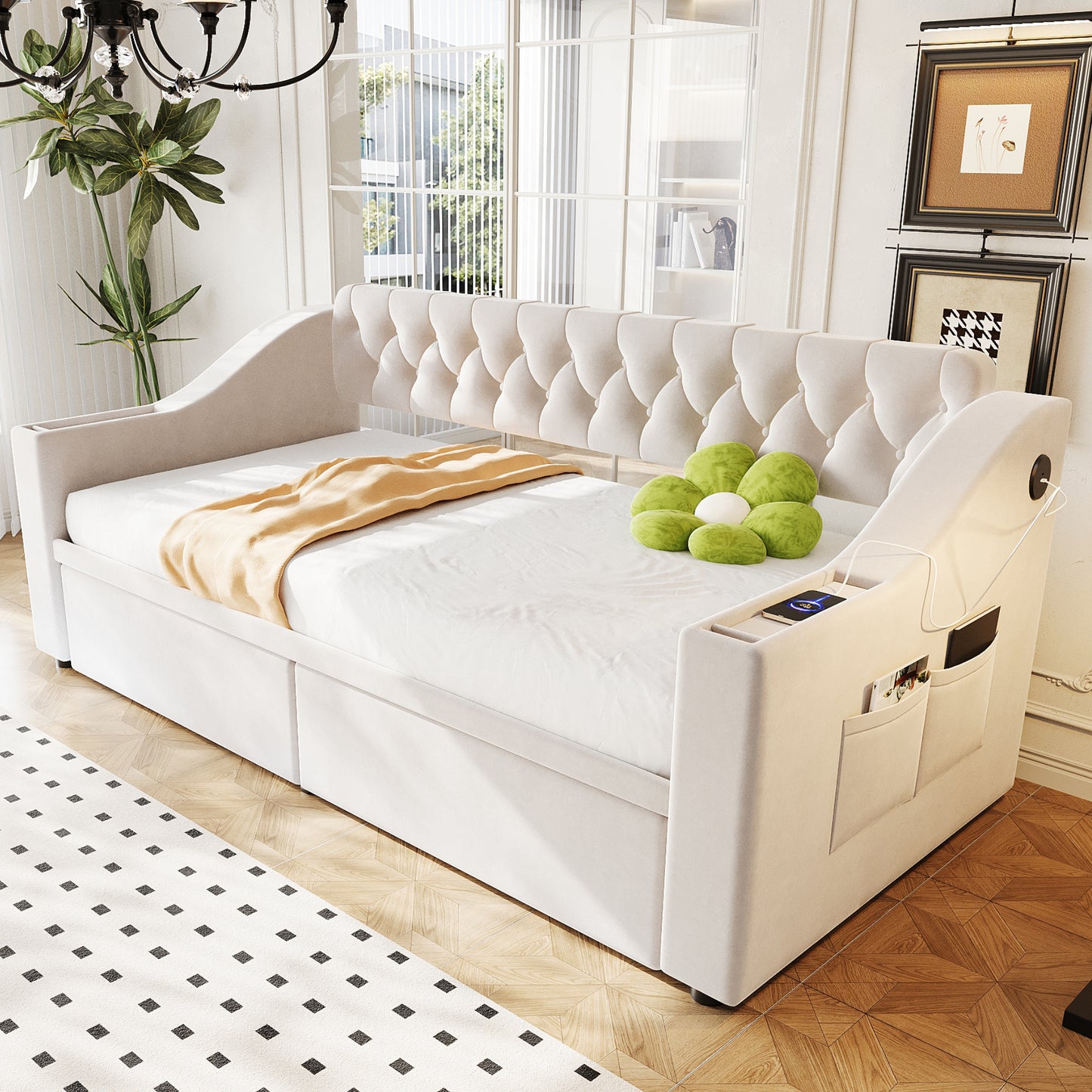 Upholstered Bed Sofa Bed 90x190 Cm, Wider And Thicker Armrests With USB Charging Port, Integrated Shelf In The Armrests, With Storage Pockets, With Storage Drawer, Velvet Fabric, Beige