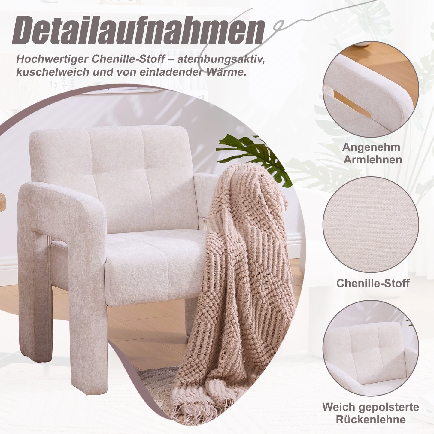 Modern Minimalist Casual Single Armchair Living Room, Bedroom, Office Area Upholstered Chair Comfortable Padded Armchair Nordic Style Casual Seating Beige Chenille
