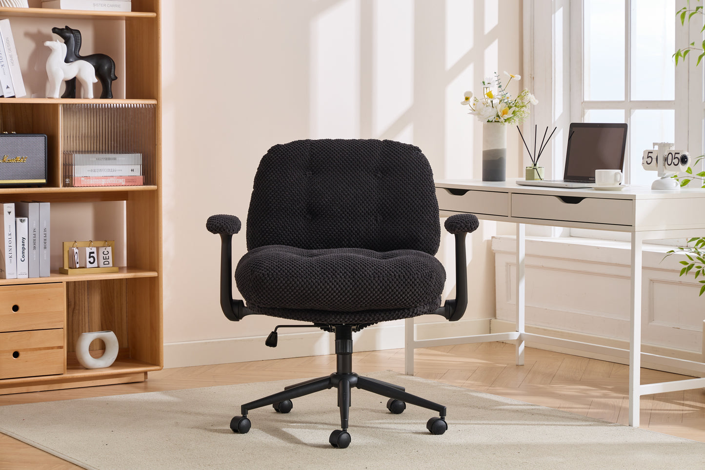 Cross Legged Office Chair With Flip-Up Arms, Adjustable Height Swivel Desk Chair, Wider & Thickened Cushion Ergonomic Rolling Chair For Home Office, Vanity, Study,Black.