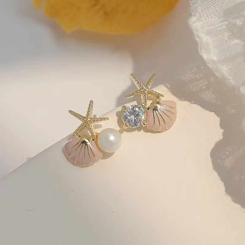 New Arrival Starfish & Shell Stud Earrings, Simple High-End Sweet Tiny Faux Pearl Design Exquisite Elegant Versatile Women's Ear Jewelry