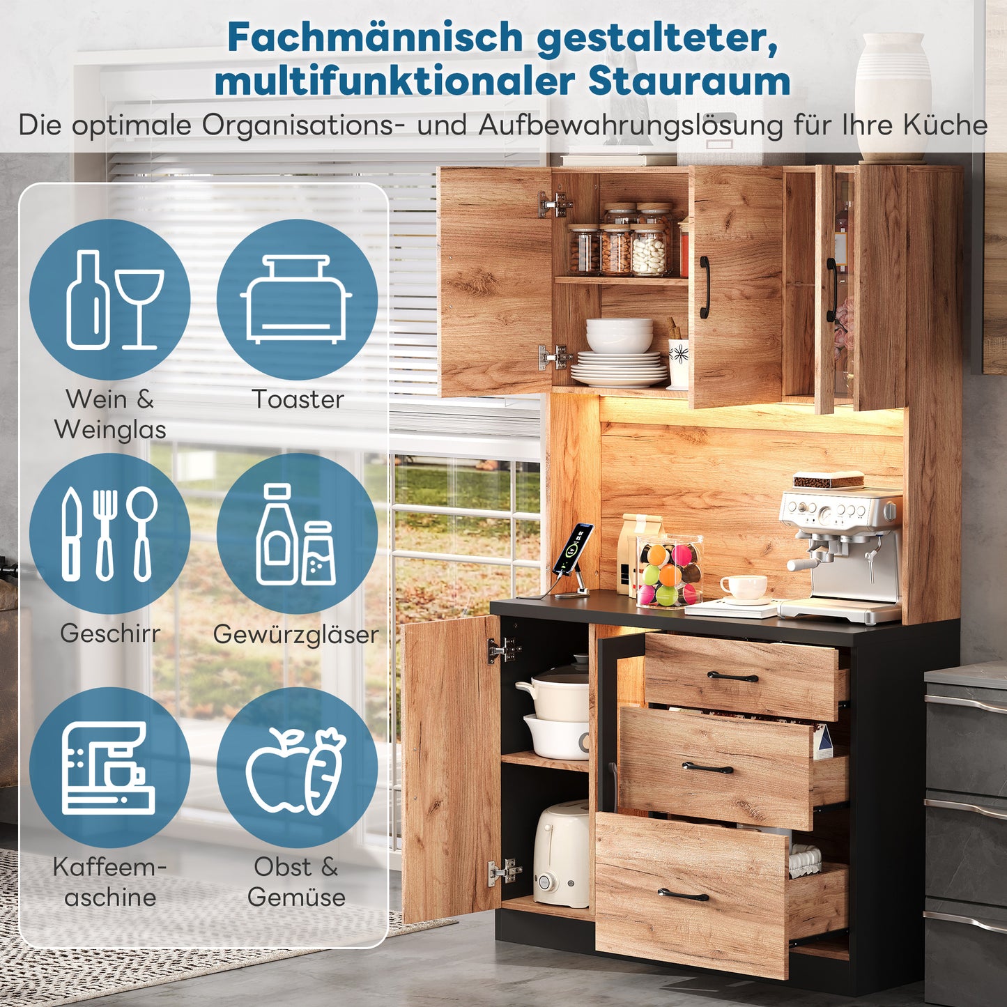 105 X40 X180 Cm Modern Kitchen Tall Cabinet, Black And Wood Look With LED Lighting, Adjustable Shelves And Euro-style Socket, Suitable For Kitchens, Dining Rooms, Living Rooms, Etc.