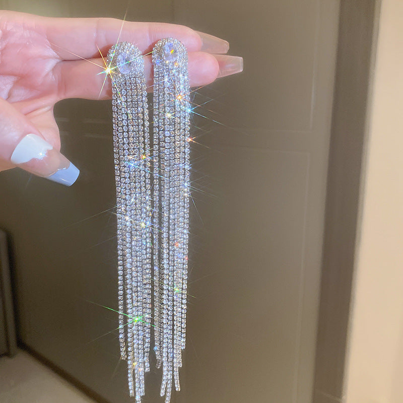 Silver Needle Diamond Tassel Earrings For Women Light Luxury Exaggerated Dangle Earrings Fashion Jewelry