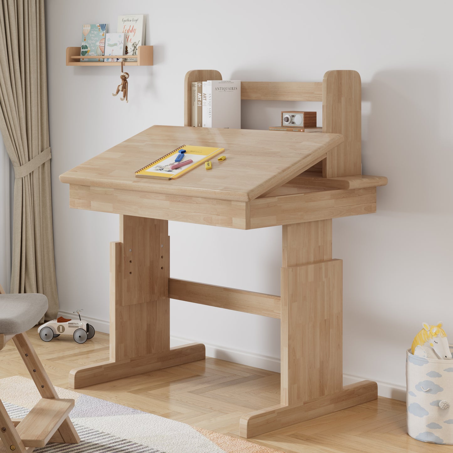Children's Table, Height-Adjustable Solid Wood Multifunction Desk For Kids, Folding Table Top, Bookend, Safety Certified, For Kids 6 Years And Up