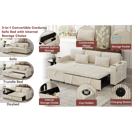 3 In 1 Convertible Corduroy Sofa Bed With Storage Chaise, L Shaped Sleeper Sofa Couches With Armrest Storage And Charging Station. Pullout Sectional Daybed For Living RoomBedroomOffice, Grey