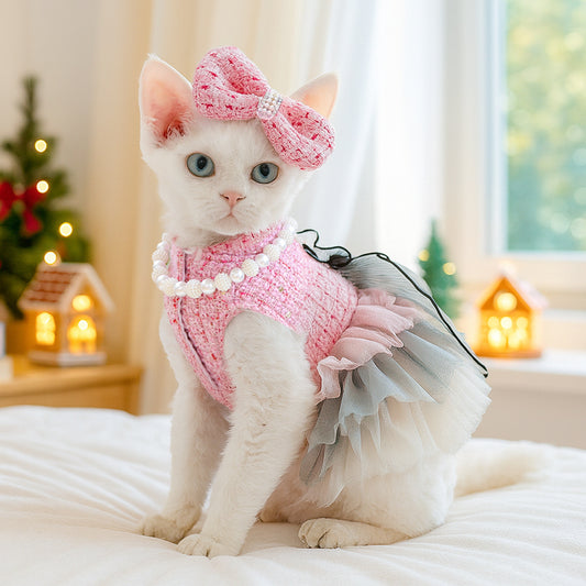 Cute Pet Chanel-Style Bow Hair Clip And Bib Accessory Set