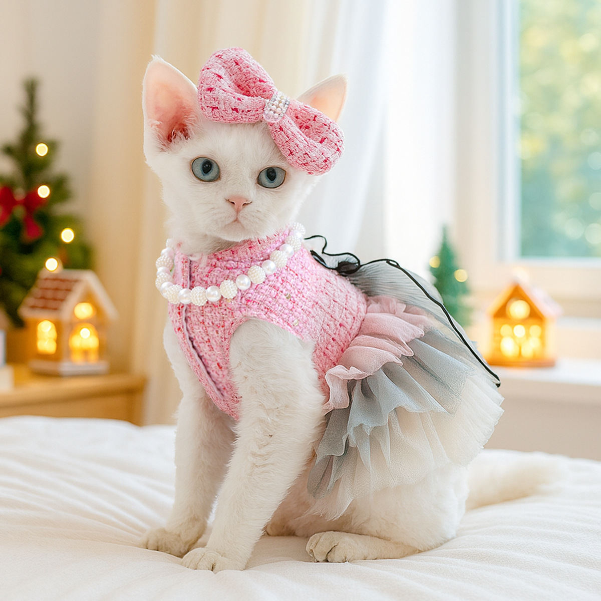 Cute Pet Chanel-Style Bow Hair Clip And Bib Accessory Set