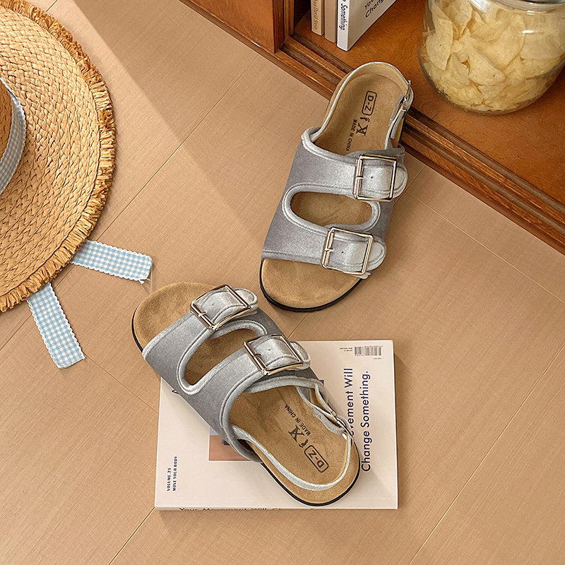 Women's 2026 Summer Fashion Beach Slides, Velvet Double Buckle Platform One Strap Slide Sandals, Trendy Outdoor Wear Slippers