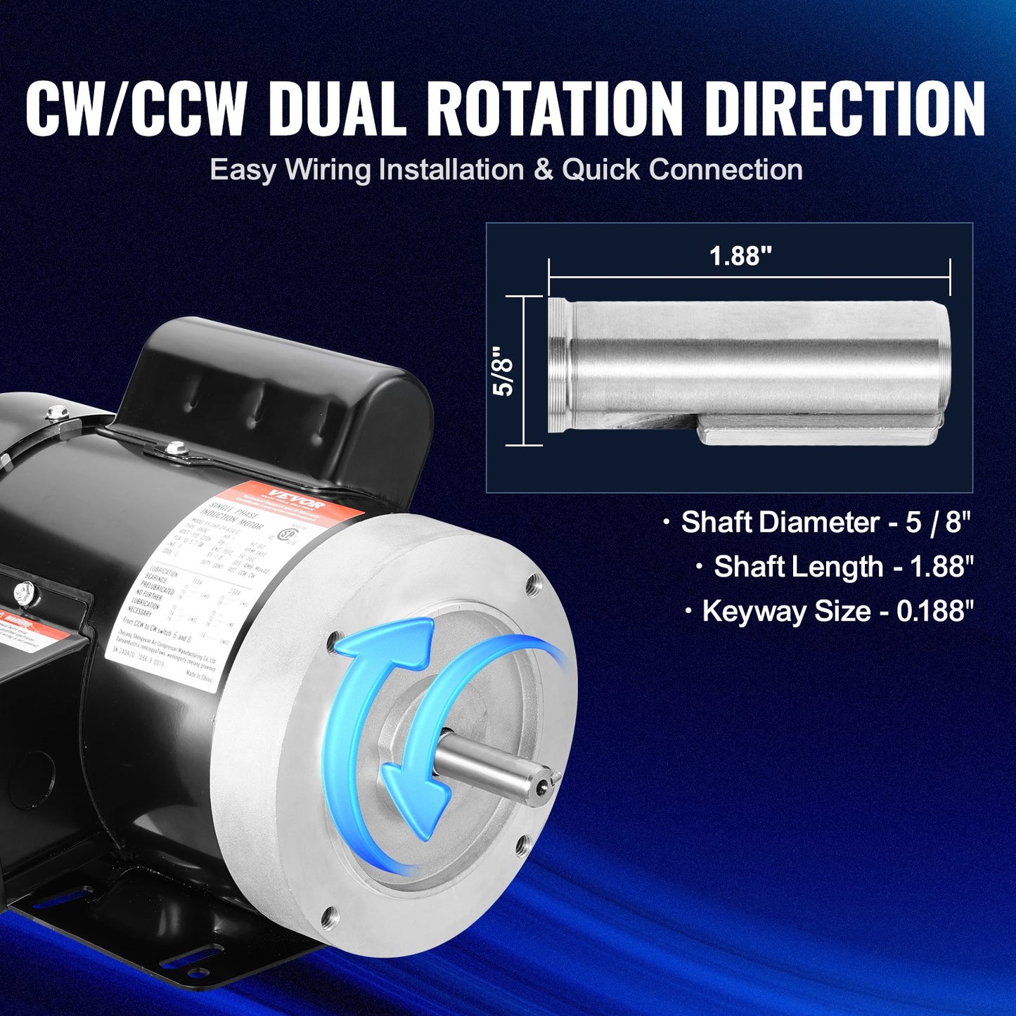 1HP Electric Motor 3450 Rpm, AC 115V/230V, 56C Frame, Air Compressor Motor Single Phase, 5/8' Keyed Shaft, CW/CCW Rotation For Agricultural Machinery And General Equipment