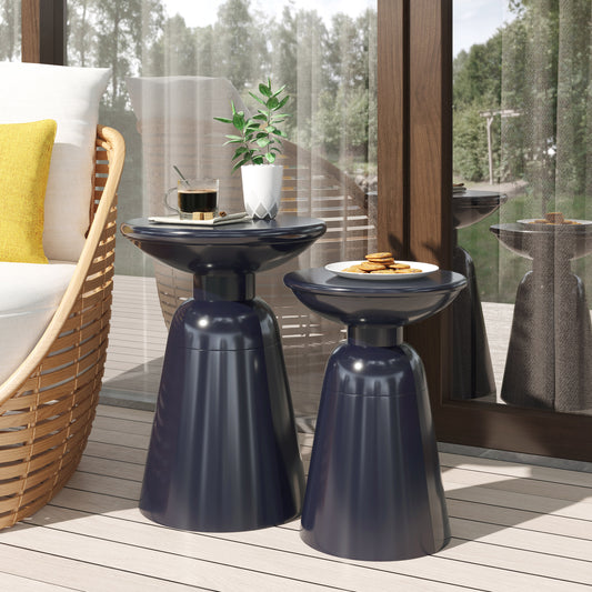 Serenita Outdoor Iron Side Tables With Flared Design, Set Of 2 , Navy Blue