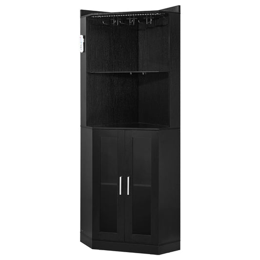 Corner Wine Cabinet, Bar Cabinet With Ample Storage, Modern Buffet Sideboard With Glass Holder, Adjustable LED Brightness, Anti-Tip Strap, For Home Kitchen, Living Room, Dining Room, Black Wood
