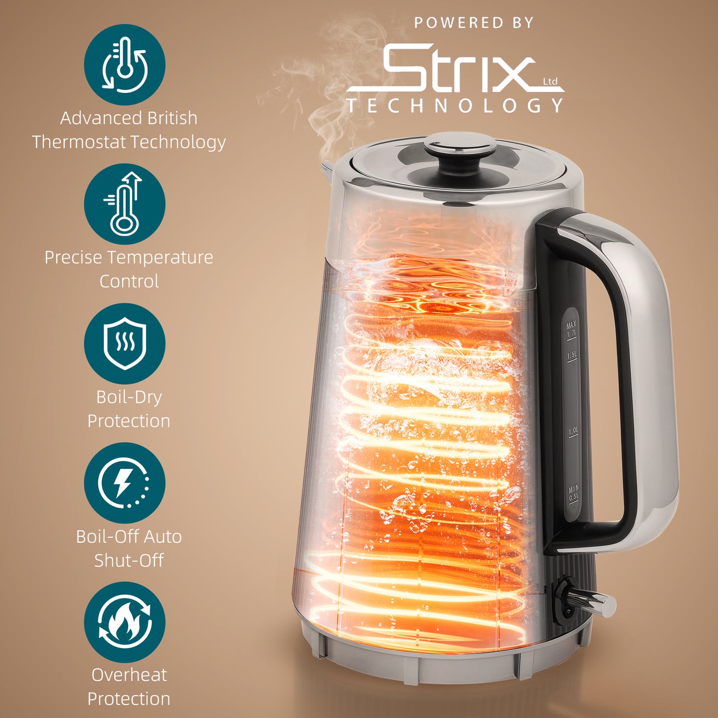 Electric Stainless Steel Kettle And Toaster Set, 3000W 1.7L UK Strix Thermostat Fast Boil Kettle W/ Limescale Filter, Cool Touch Body, 4 Slice Toaster With 7 Browning Levels, Crumb Tray, Black