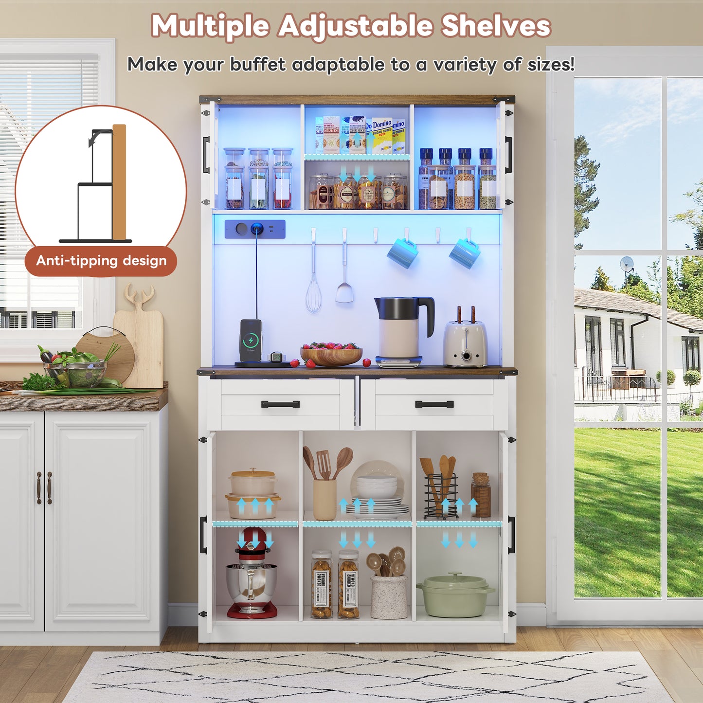 Kitchen Tall Pantry, Bar Cabinet With LED Lighting And Sockets, Buffet Cabinet With Charging Station, 2 Large Drawers, Barn Door Design, Adjustable Shelves, Rustic Coffee Bar Sideboard Table, White