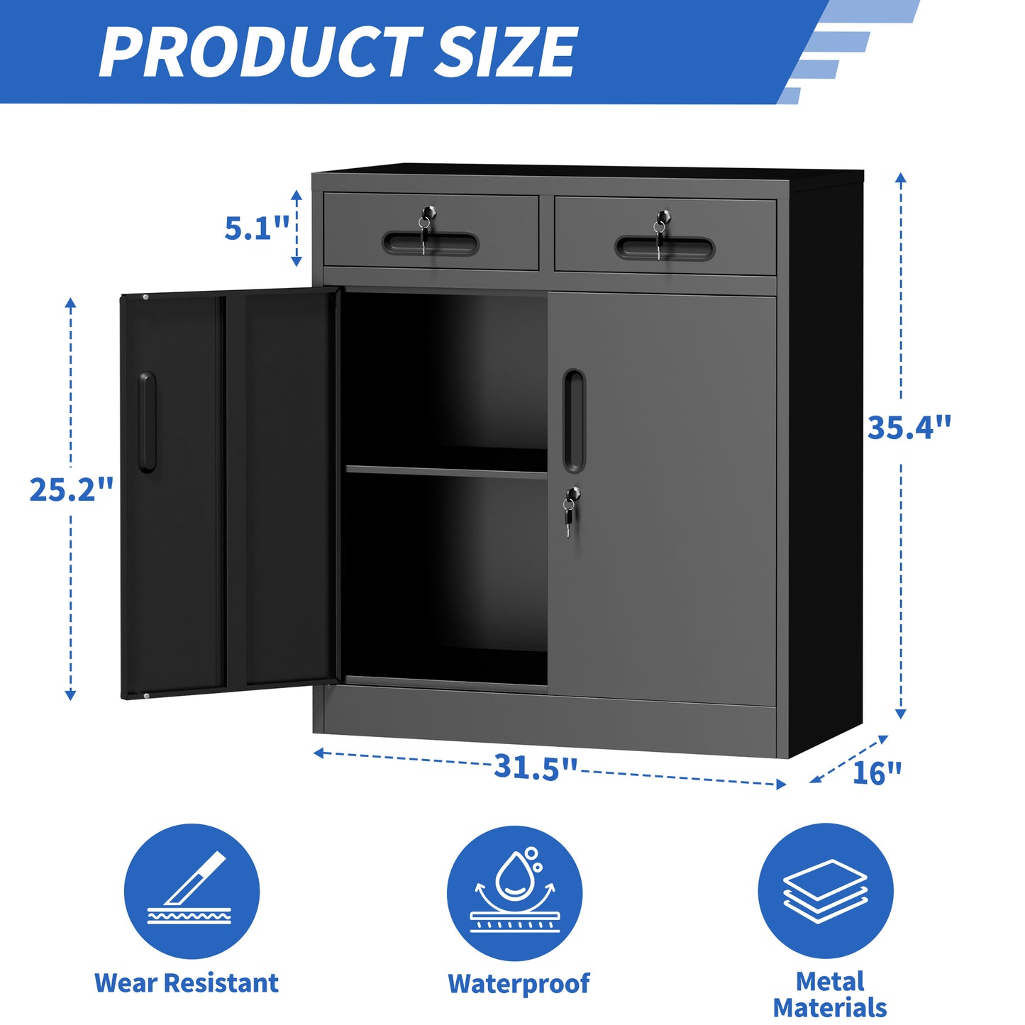 Metal Storage Cabinet With Lock And Two Drawers, 2-Door Office Storage Cabinet With 1 Adjustable Shelves, Heavy Duty Steel File Cabinet For Home, Office, Garage, School  Black, 35.5 H