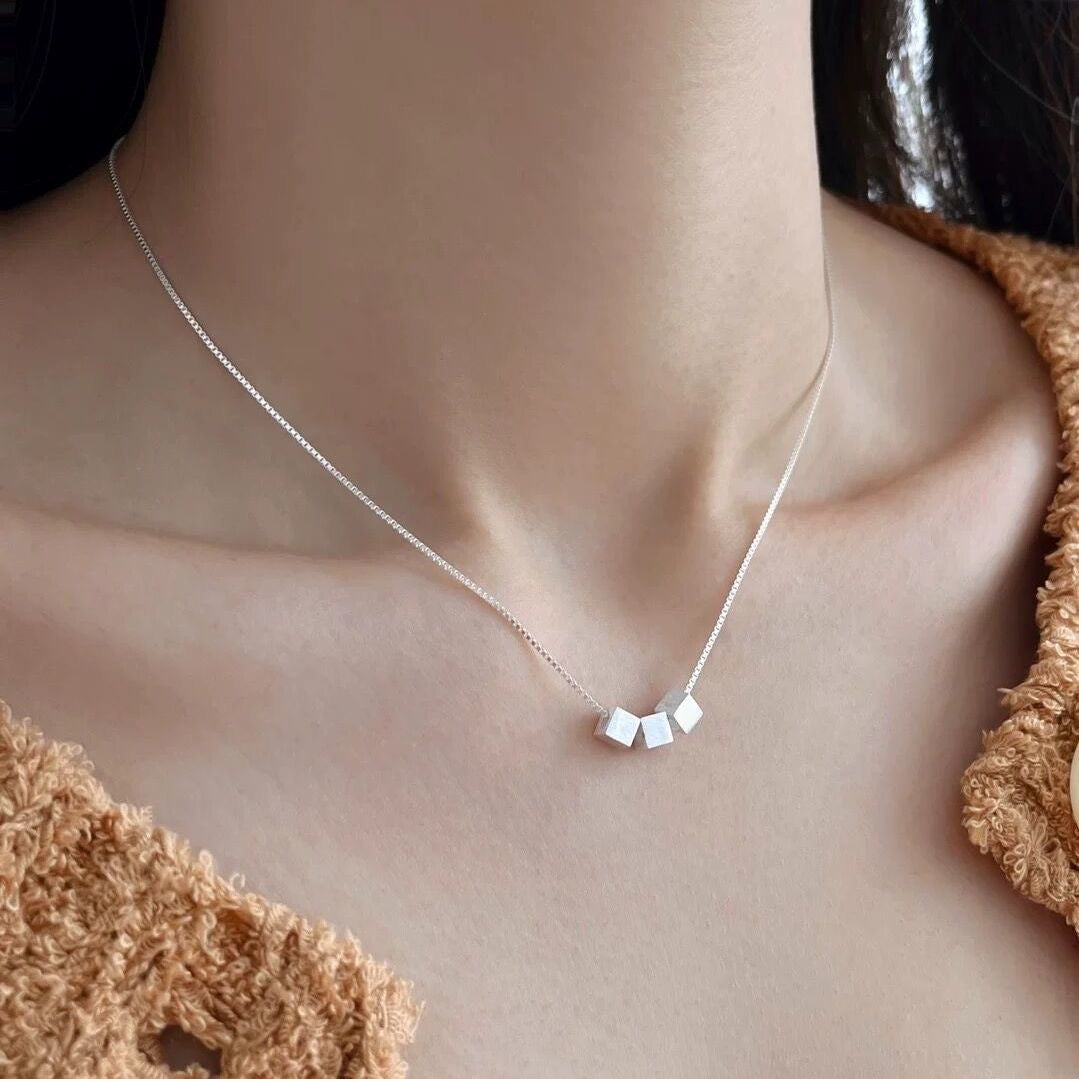 1pcs 999 Sterling Silver Cube Pendant Necklace, Minimalist Chic Style, For Daily Wear & Office Casual Outfits