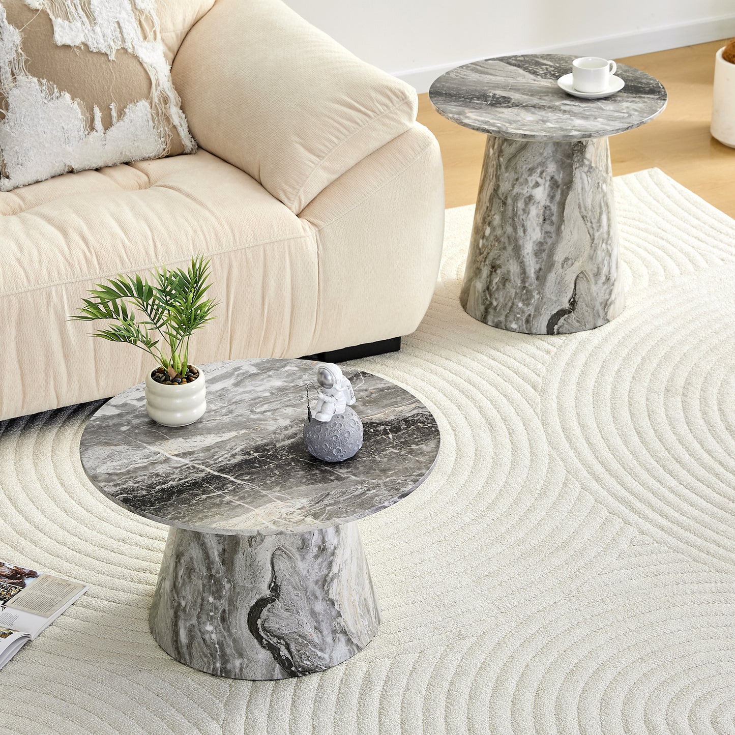 Nested Coffee Table, Medieval-modern Style Coffee Table, Featuring Grey Veneer, Classic Round Coffee Table And Side Table Set, Simple Living Room, Office Center Table