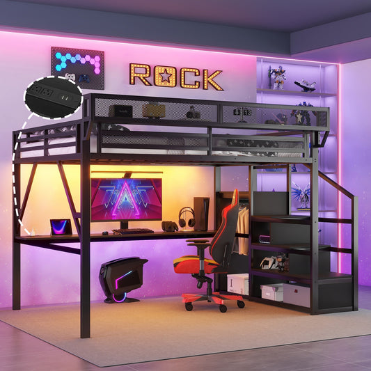 Queen Loft Bed With Desk And Charging Station, Queen Size Metal Loft Bed With Stairs And Light For Kids Teens, Black