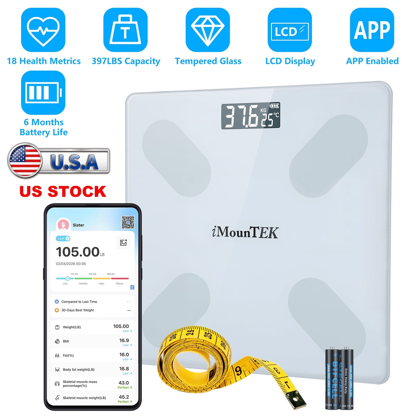 Smart Digital Scale For Body Weight High Accuracy BMI Weight Scale Full Body Composition Analysis Sync With APP 4mm Tempered Glass 397LBS Capacity LCD Display