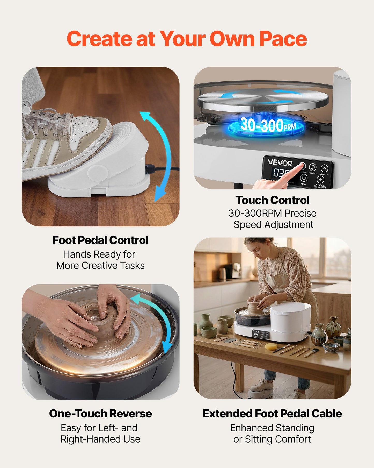 Pottery Wheel For Adults, 11" Aluminum Turntable, 450W Electric Table Top Pottery Wheel With Foot Pedal, 30-300 RPM Adjustable Speed, Aluminum Body, For Beginners, DIY Clay Art Craft, White