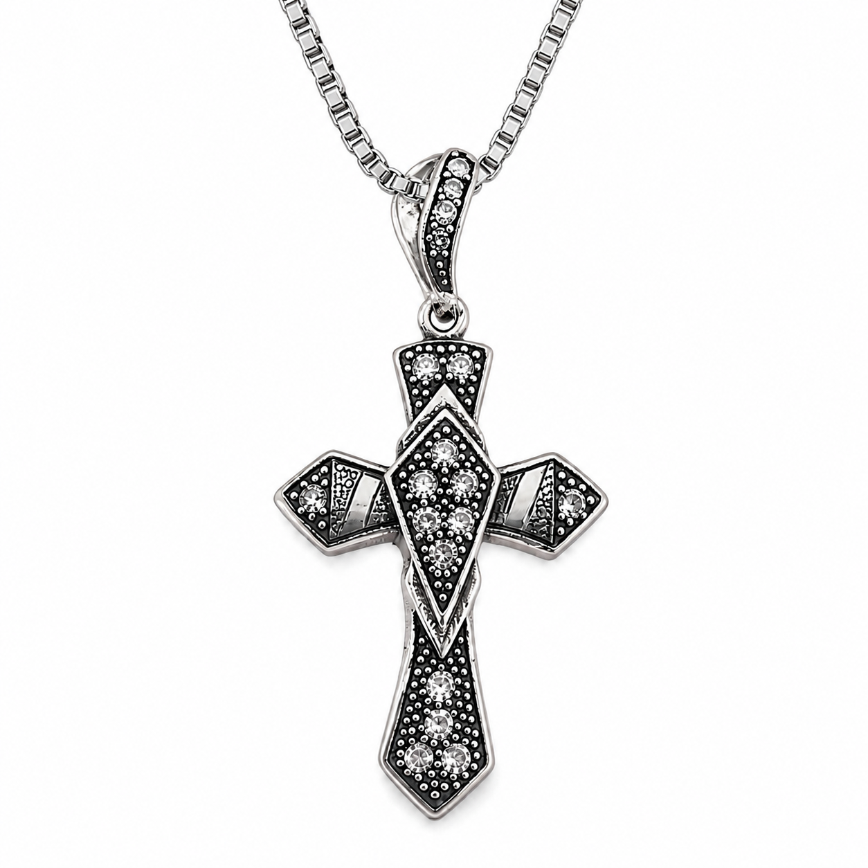 Antique Black Rhodium Plated Crystal Cross Pendant Necklace For Men, Copper Plated Silver Inlaid Clear CZ Vintage Religious Faith Jewelry Gift