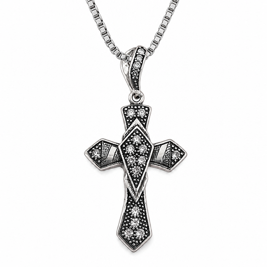 Antique Black Rhodium Plated Crystal Cross Pendant Necklace For Men, Copper Plated Silver Inlaid Clear CZ Vintage Religious Faith Jewelry Gift