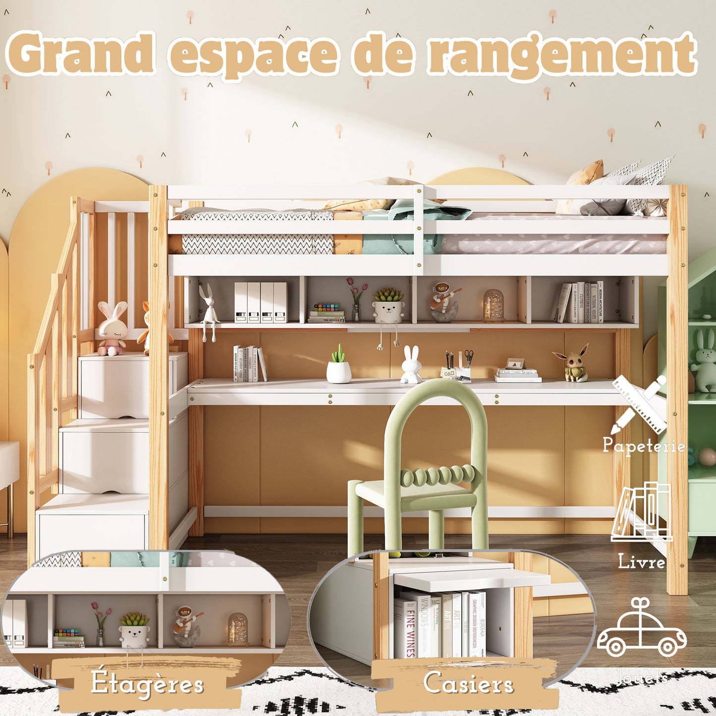 Children's Loft BedChildren's Bed With Large Desk And Shelves, Eco-Friendly Colors, Natural And White