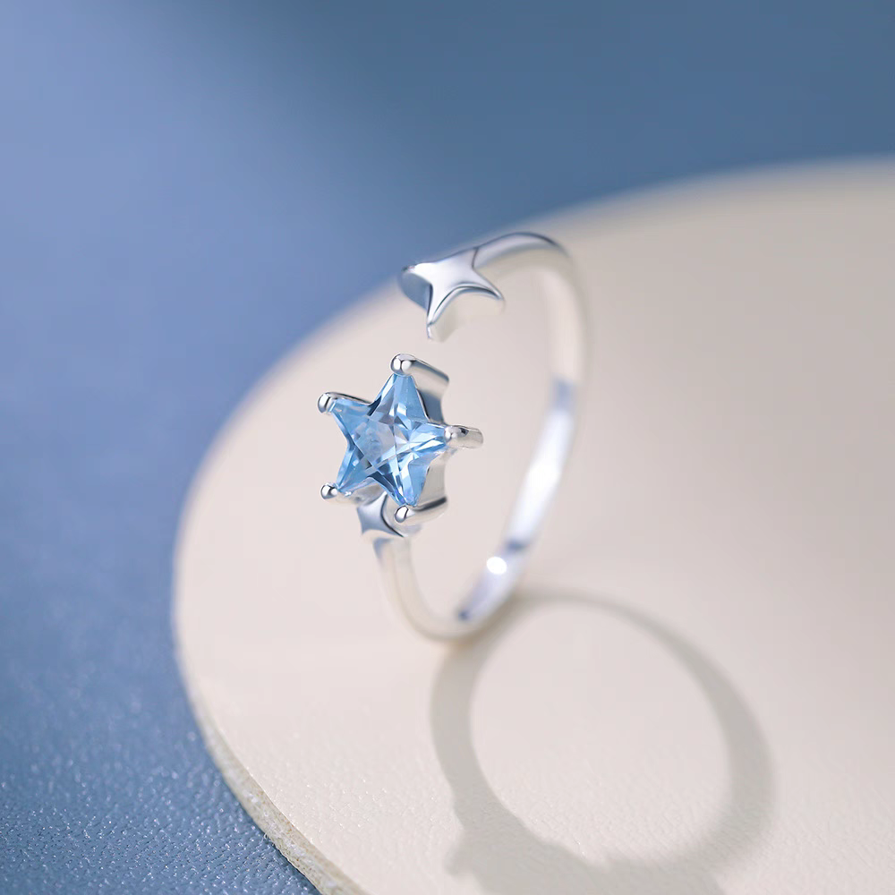 1pc 999 Sterling Silver Blue Zircon Star Open Ring, Fresh & Elegant Style, Perfect For Daily Wear & Valentine's Day Gift