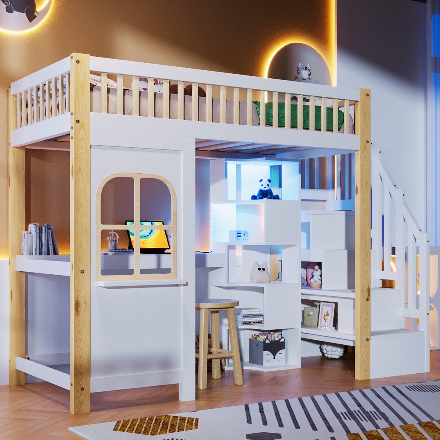 Loft Bed, 90x200cm, With LED Lights, Window Shape, Storage Ladder, Open Storage Compartment, Desk, Socket, Without Mattress, White Natural