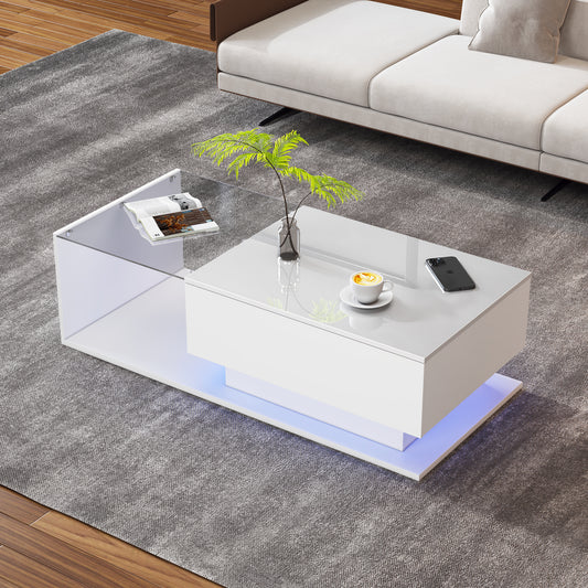 High Gloss White Coffee Table 100x50x32 Cm - With Glass Top And Drawers, Scratch-resistant, With 1 Drawer, With LED Lighting, Modern Style