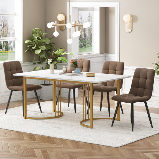 Dining Group 5-Piece,Dining Table With 4 Chairs Set, Modern Kitchen Table Set, 140x80cm Kitchen Table With Golden Metal Legs, MDF Table Top In White,Brown Velvet Dining Chairs