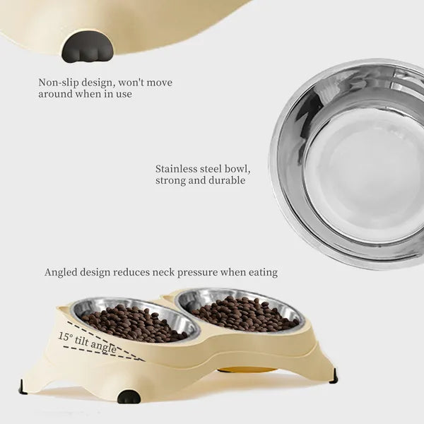 Anti Slip Base Double Cat Food Bowl, Yellow Stainless Steel Food And Water Bowl, Easy To Clean And Detachable Design, Cat And Dog Pet Feeder