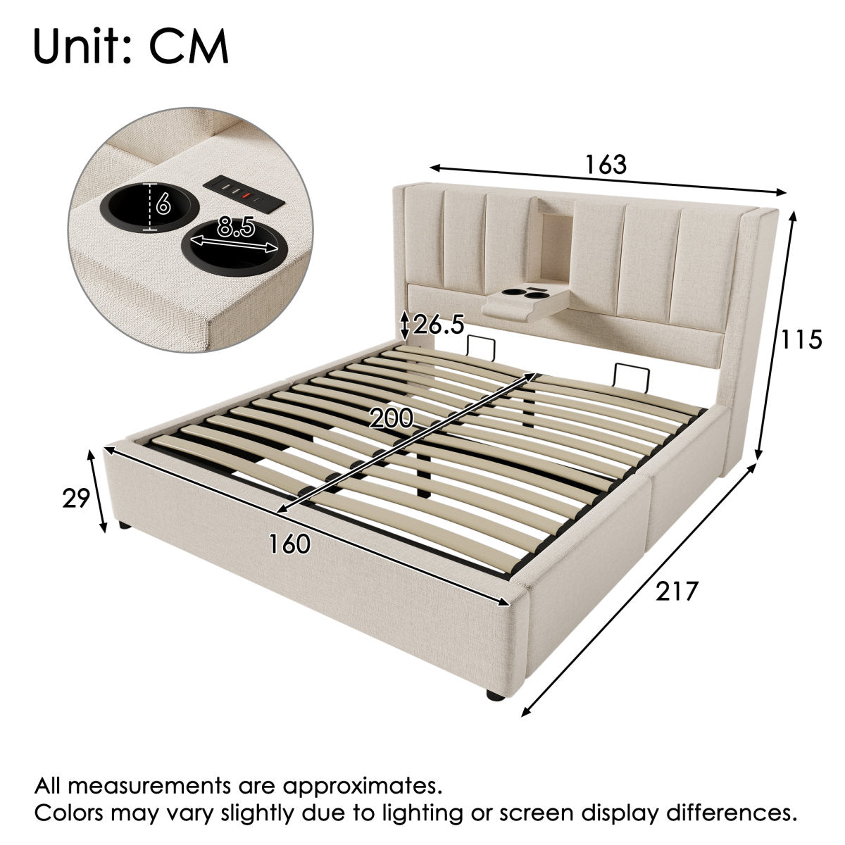 Upholstered Bed 160x200 Cm, Double Bed With Hidden Cup Holder & Charging Station, Hydraulic Bed With Storage Space Under The Bed, Incl. Slatted Frame, Linen Beige  Without Mattress