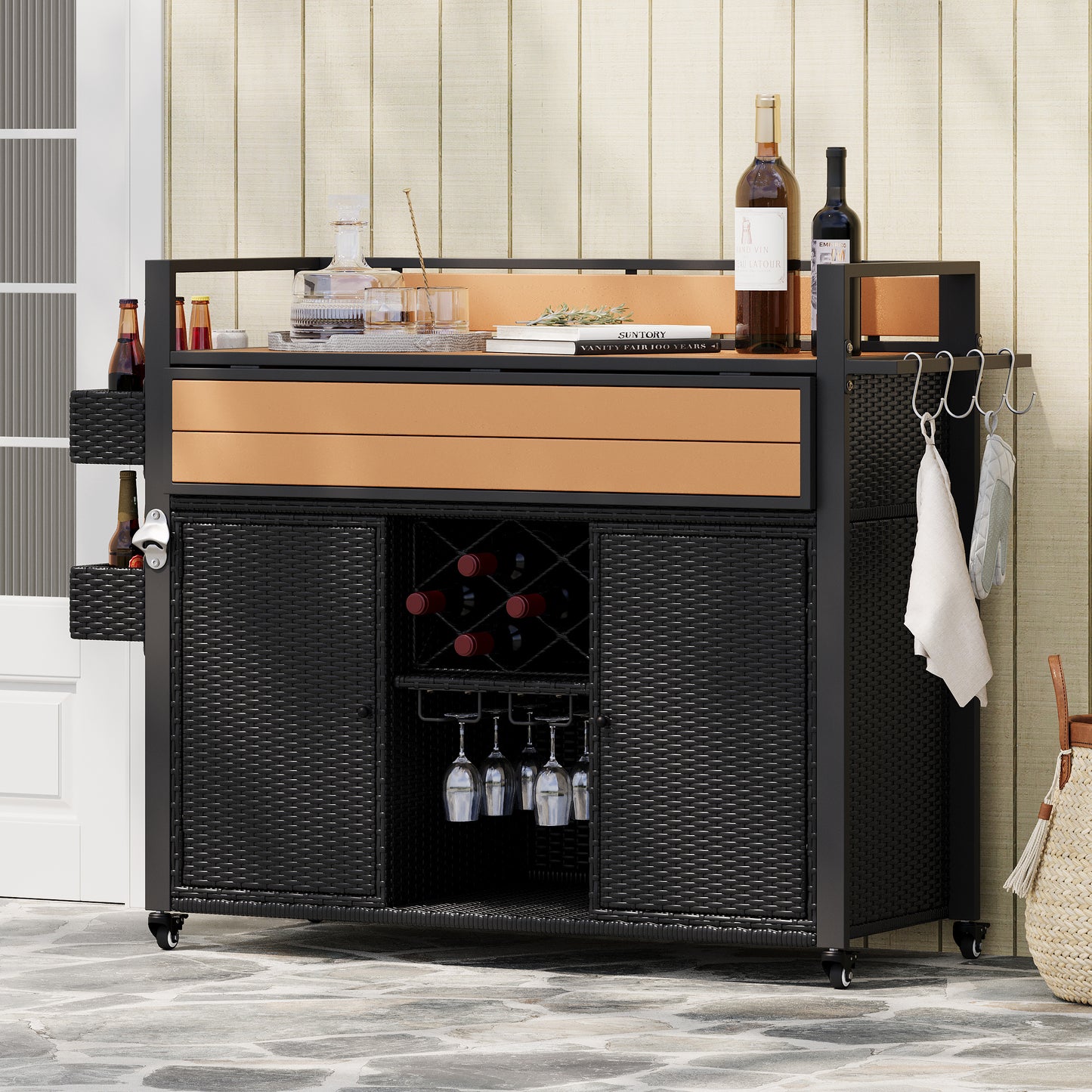 K&K 52.8 W Wicker Outdoor Grill Cart With Extended Plastic Wood Table Top, Rolling Kitchen Island On Wheels With Storage Cabinet, For Patio Backyard Garden Poolside, Double Handle Design, Black Brown