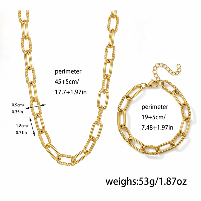 2Pcs Chunky Paperclip Chain Jewelry Set For Women, 18K Gold Plated Stainless Steel Thick Twist Rope Link Necklace Bracelet Combo, Statement Gift Set