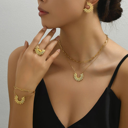 Sweet Elegant Camellia Style Minimal Women Full Jewelry Set, Niche Sunflower Design Bracelet Earrings Long Pendant Necklace Index Finger Ring Daily Accessories