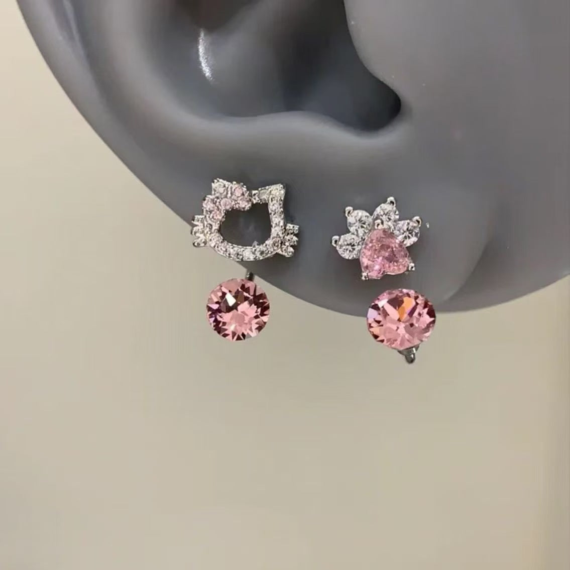 Super Sparkling Full Zircon Cat Paw Stud Earrings For Women, Sweet Cute Cat Drop Earrings Bow Helix Cartilage Studs Fashion Ear Jewelry