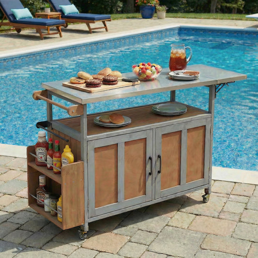 Foldable Outdoor Kitchen Island Patio Mobile Kitchen Cart Portable Outdoor Cooking Island With Lockable Wheels, Storage Cabinet And Towel Rack For Patio And Outdoor, Espresso Grey