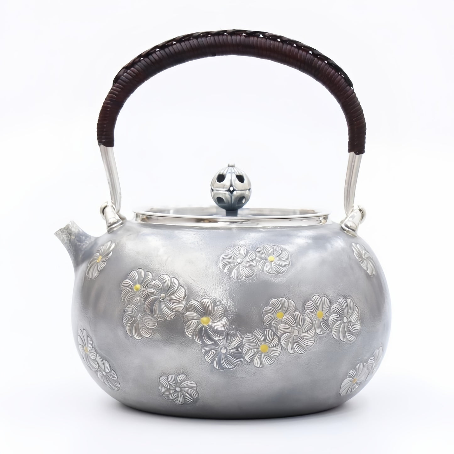 925 Sterling Silver Artisanal Silver Tea Vessel with Intricate Floral Patterns and a Rattan-Wrapped Handle - Handicraft