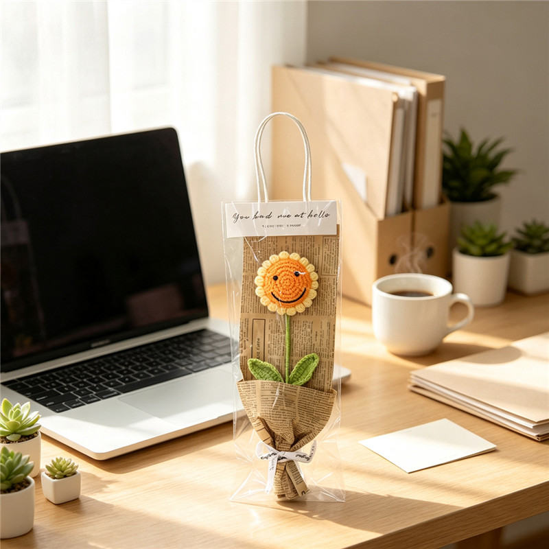 Handmade Crochet Smiley Sunflower Single Flower Bouquet, Knitted Everlasting Yarn Artificial Flower With Gift Packaging Bag, Cute Forever Floral Gift For Teacher's Day, Birthday, Graduation & Home Tab