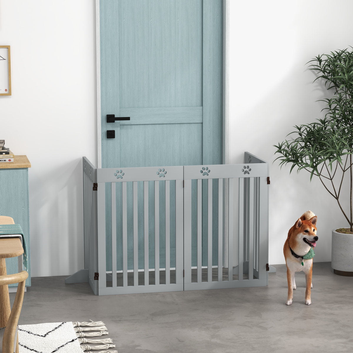 PawHut Wooden Pet Gate Foldable Freestanding Dog Safety Barrier W Support Feet, Grey