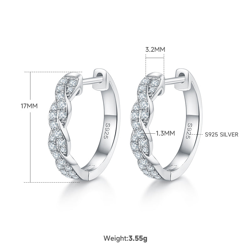 3.6g S925 Sterling Silver Moissanite Twisted Hoop Earrings  17mm Pave Huggie Hoops With GRA Certificate, Platinum Plated Jewelry Gift Box Set For Women