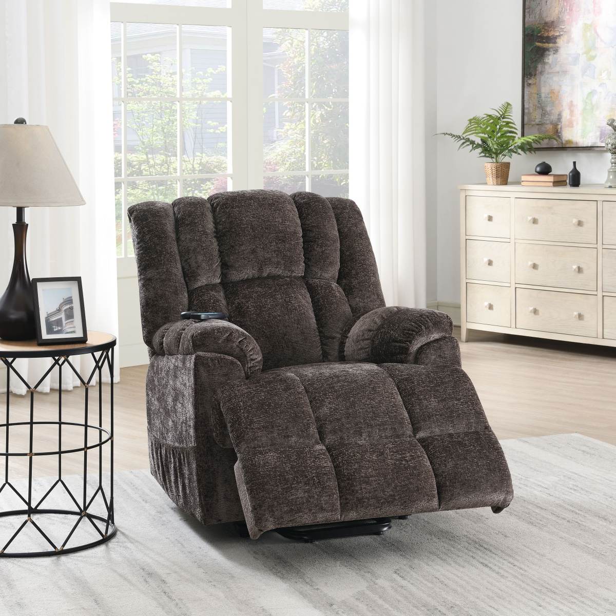 Pacay Brown Chenille Power Motion Recliner With Lift, Heating & Massage Function