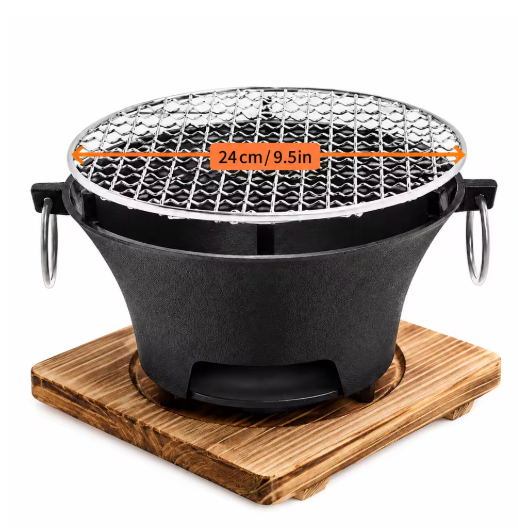KL1 Portable Charcoal Grill Mini Tabletop BBQ Cast Iron Body Stainless Steel Removable Grill Net Heat Resistant Wooden Base Silver Carry Rings