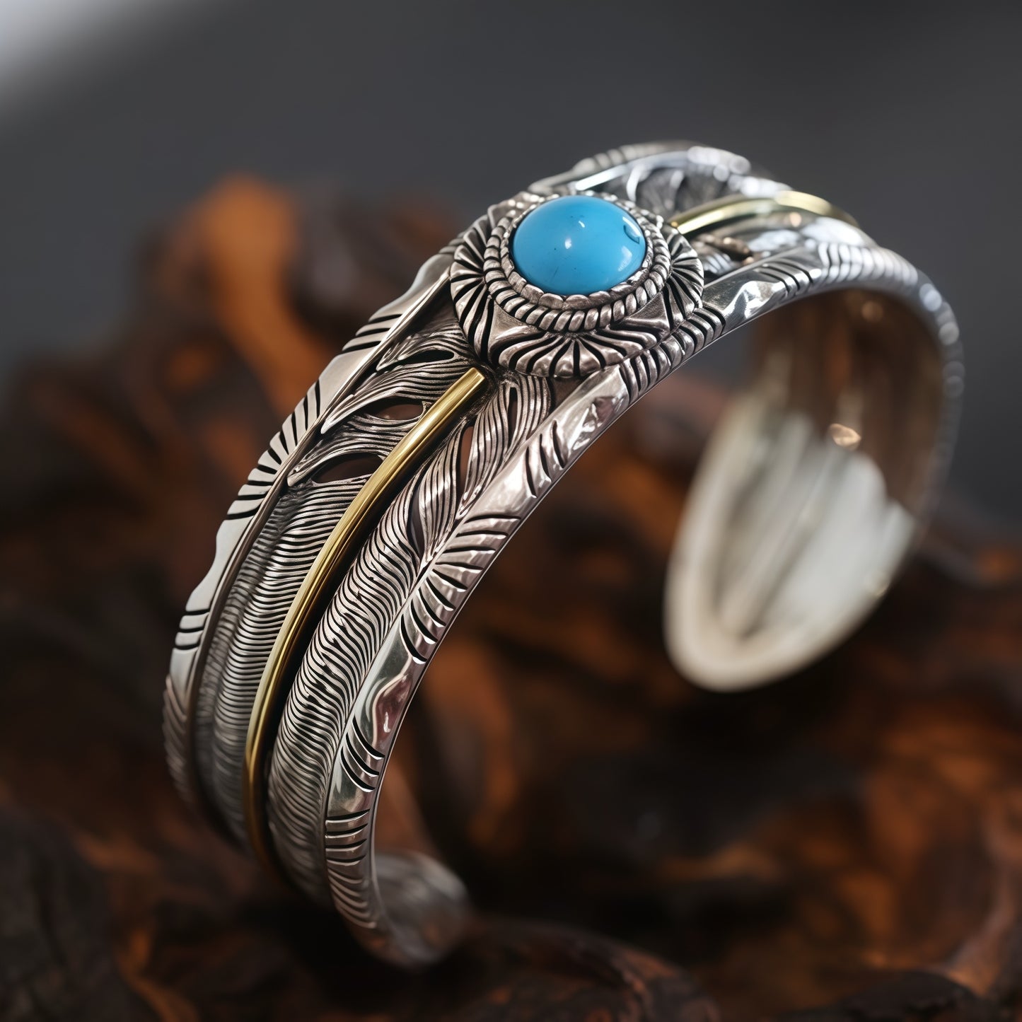 Vintage Native Feather Turquoise Open Cuff Bangle For Men Women, Copper Plated Silver Two-Tone Oxidized Western Tribal Adjustable Wrist Jewelry Gift