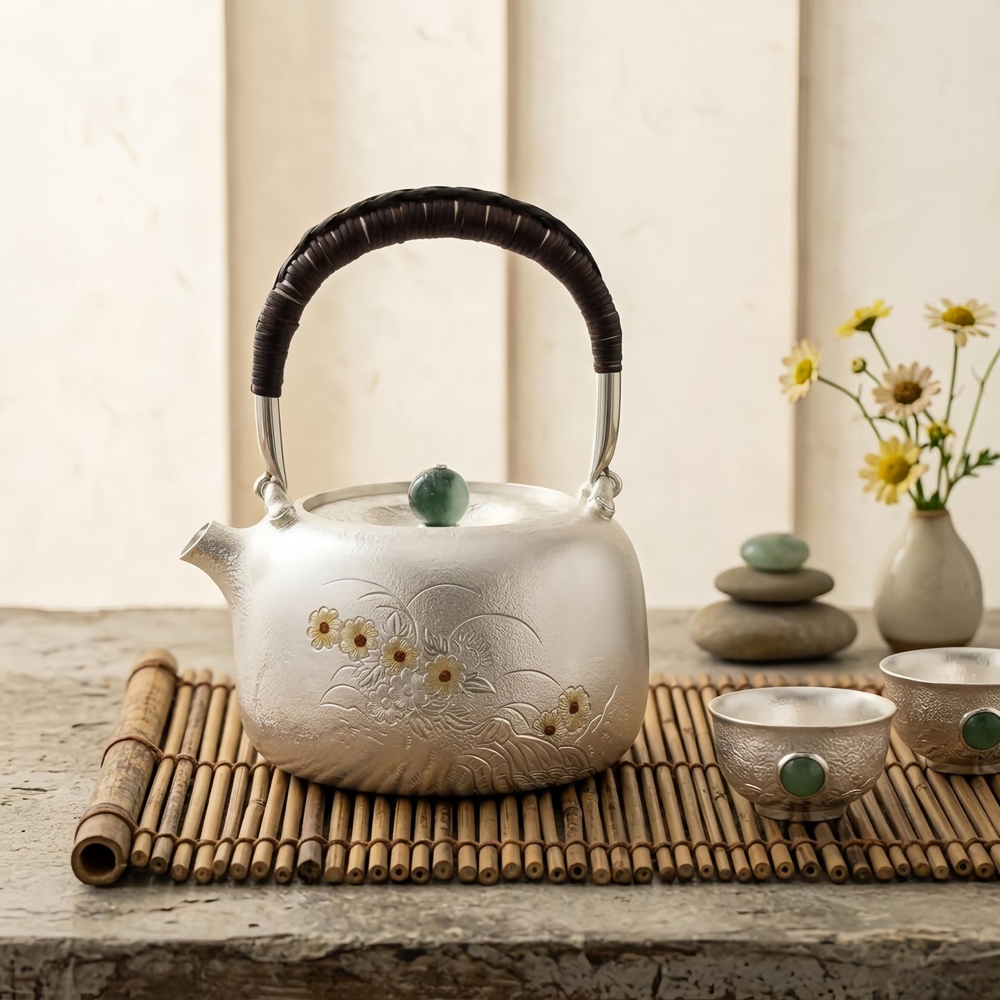 925 Sterling Silver Handcrafted Silver Tea Kettle Featuring Delicate Flower Motifs and Woven Handle - Handicraft