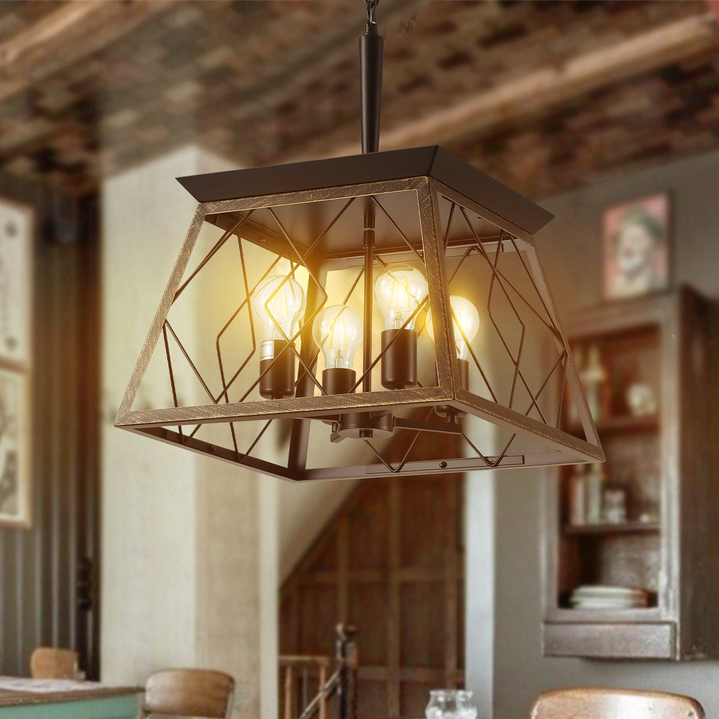 Same As W1340111204 L1010 16  Black Gold Industrial 4-Light Pendant Chandelier, Modern Metal Cage Design, Adjustable Hanging Light For Dining Room, Kitchen, Living Room No Bulbs