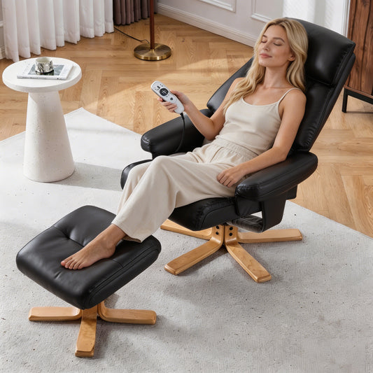 Black PU Leather Heated Massage 360 Swivel Accent Chair, Chair With Ottoman, Ergonomic Comfort For Living Room, Bedroom Reading Nook Small Single Sofa For Bedroom, Office, Apartment