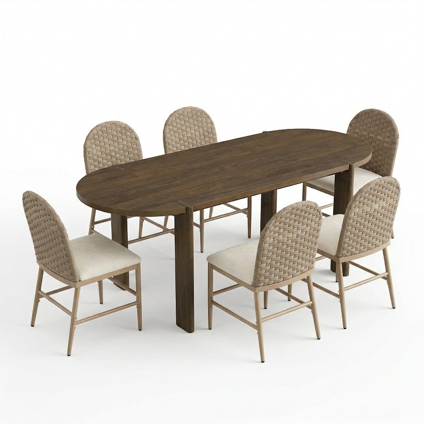 7 Pieces Modern Oval Dining Set, Rustic Farmhouse Solid Wood  Kitchen Table Set For 6, 71'' Large Luxury Retro Country Dinner Set With Brown Chairs, For Dining Room, Kitchen, Living Room, Walnut
