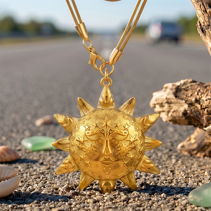 Celestial Sun Face Pendant Necklace For Women, 18K Gold Plated Stainless Steel Snake Chain Choker, Vintage Sunburst Boho Jewelry Gift