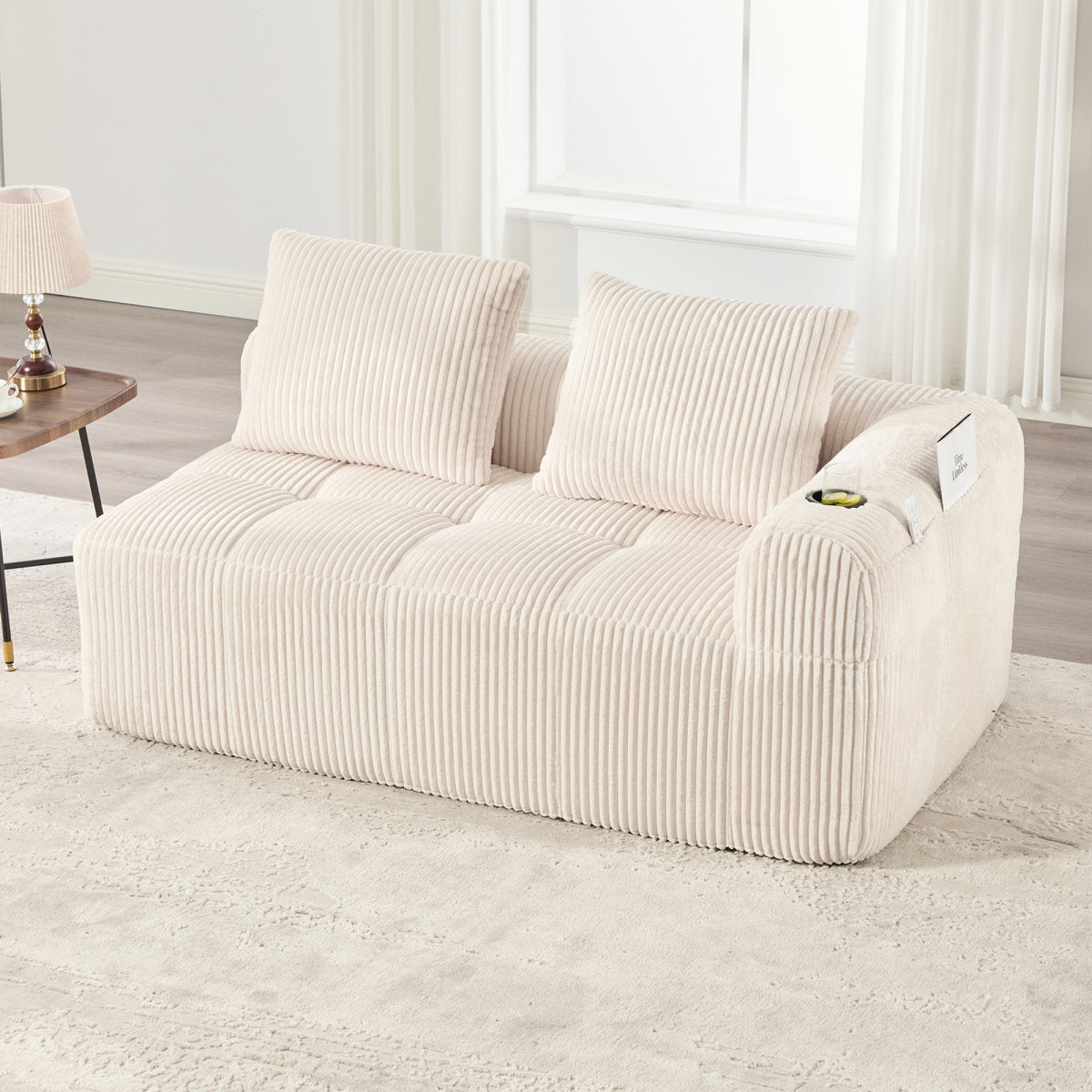 Cozy Corduroy Fabric Two-Seater Sofa  Without Assembly, Soft Back Cushions, Side Storage Pocket For Remote Control And Mobile Phone, Integrated Cup Holder  Neat And Aesthetic.